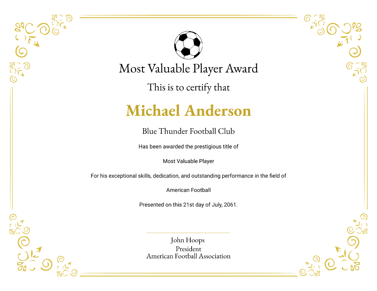 Most Valuable Player Award Certificate 