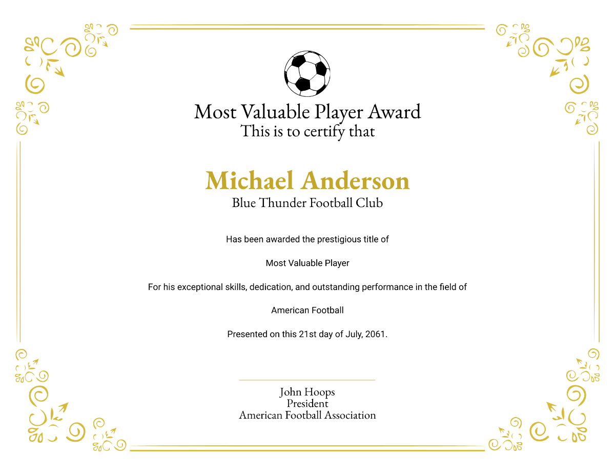 Most Valuable Player Award Certificate  Template