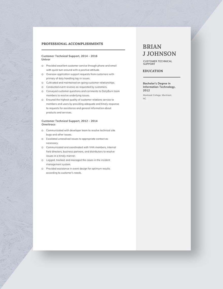 Customer Technical Support Resume