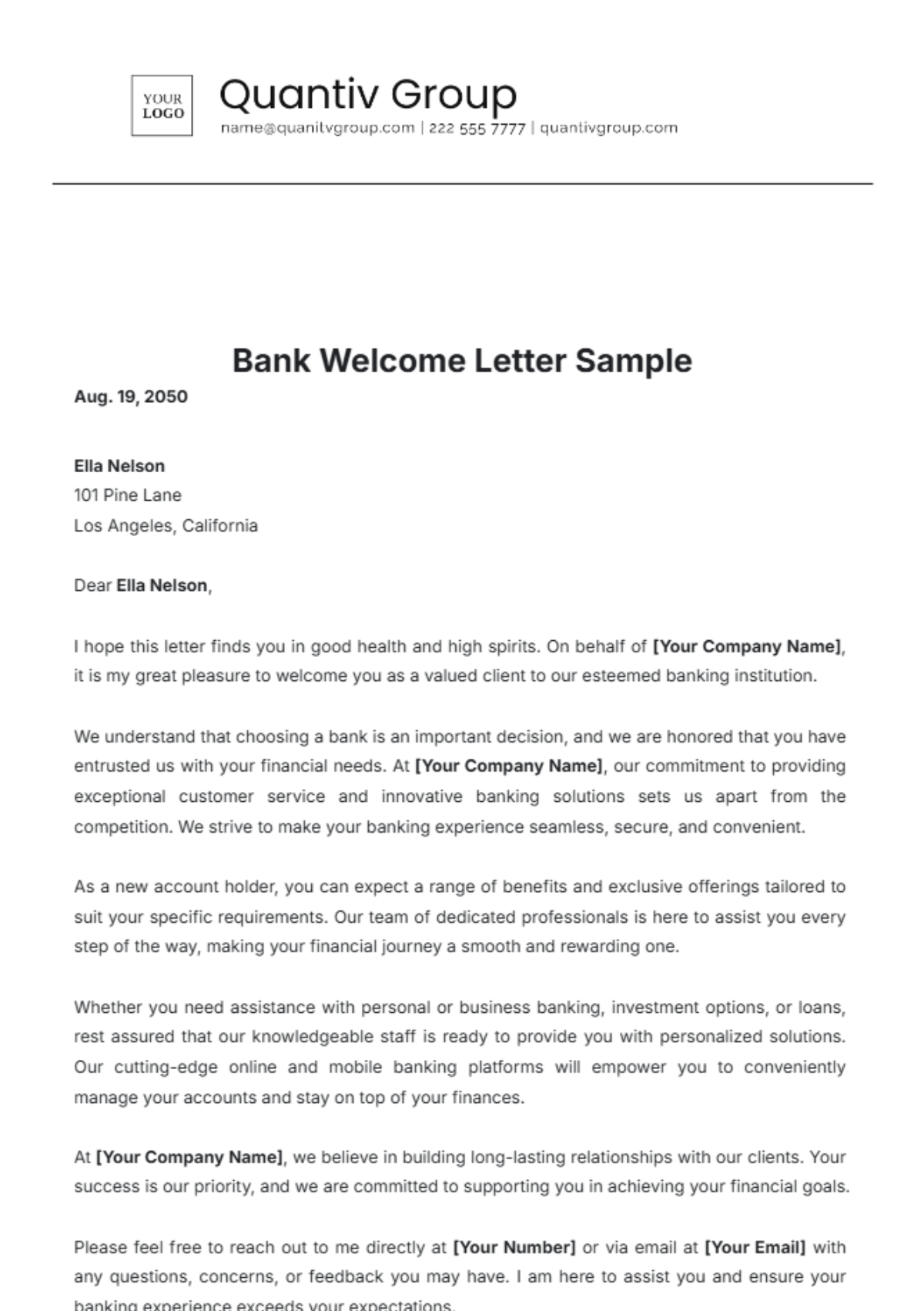 Bank Welcome Letter Sample Template