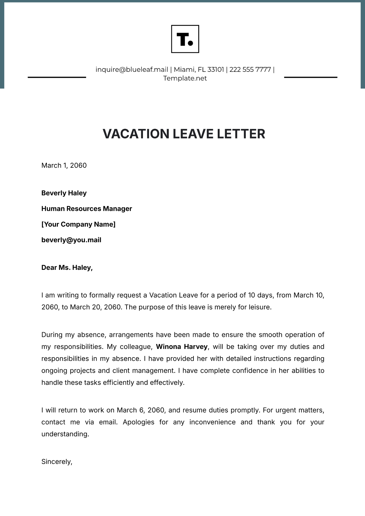 Vacation Leave Letter Template - Edit Online & Download