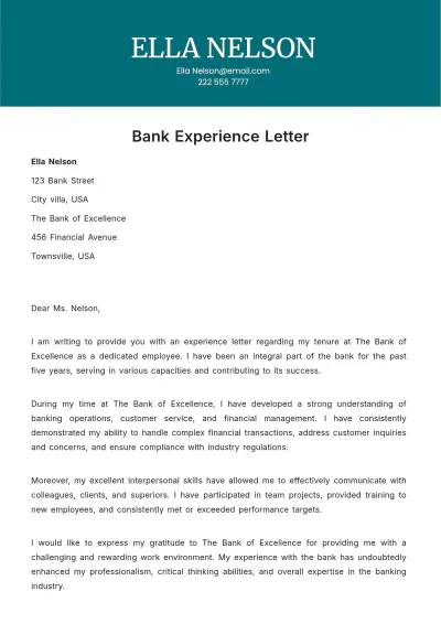 Free Bank Experience Letter Template to Edit Online