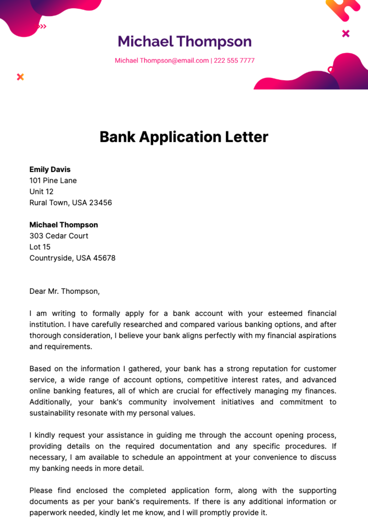 Bank Application Letter Template