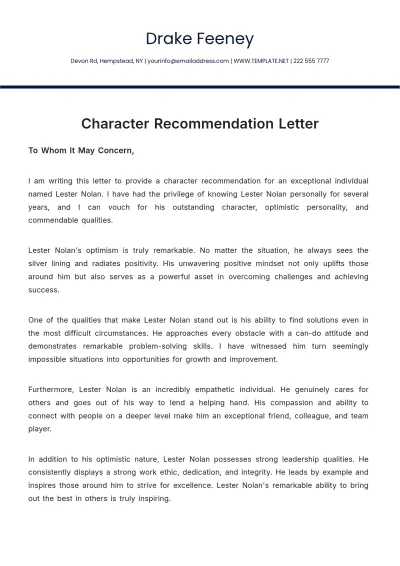 Free Character Design Recommendation Letter Template to Edit Online