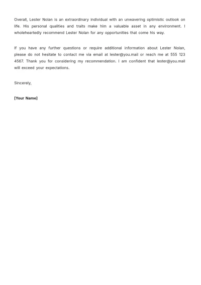 Free Character Design Recommendation Letter Template to Edit Online