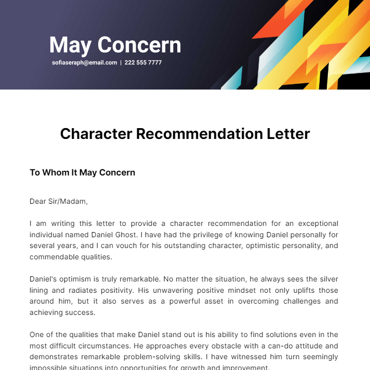 Character Recommendation Letter Template