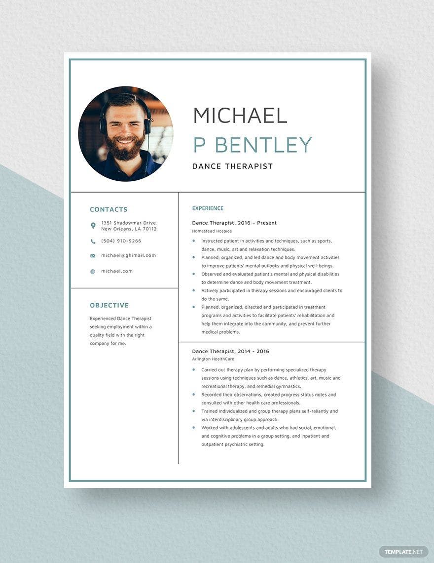 Dance Therapist Resume in Word, Apple Pages