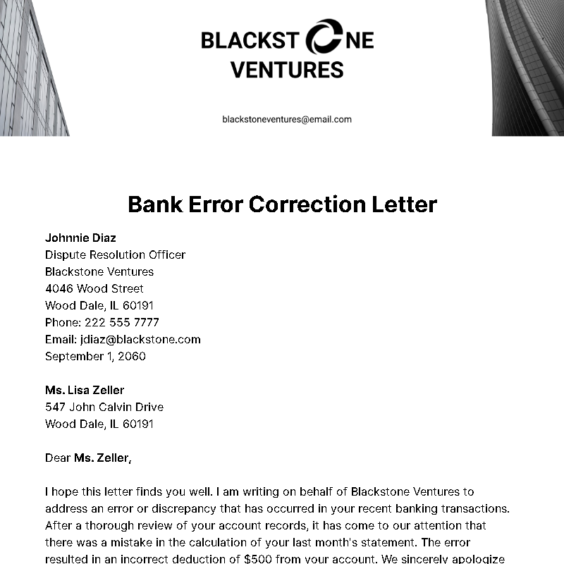 Bank Error Correction Letter Template