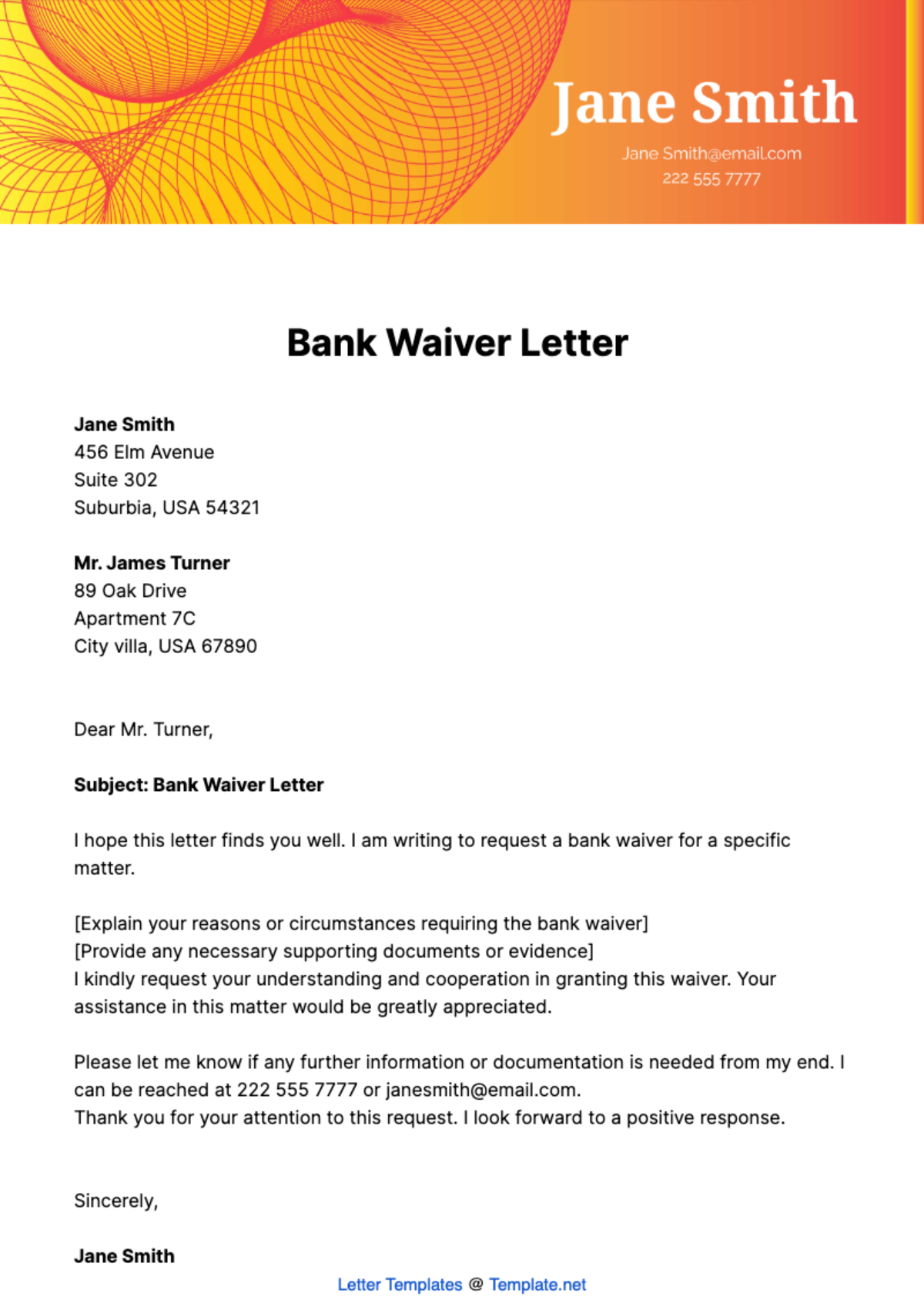Bank Waiver Letter Template