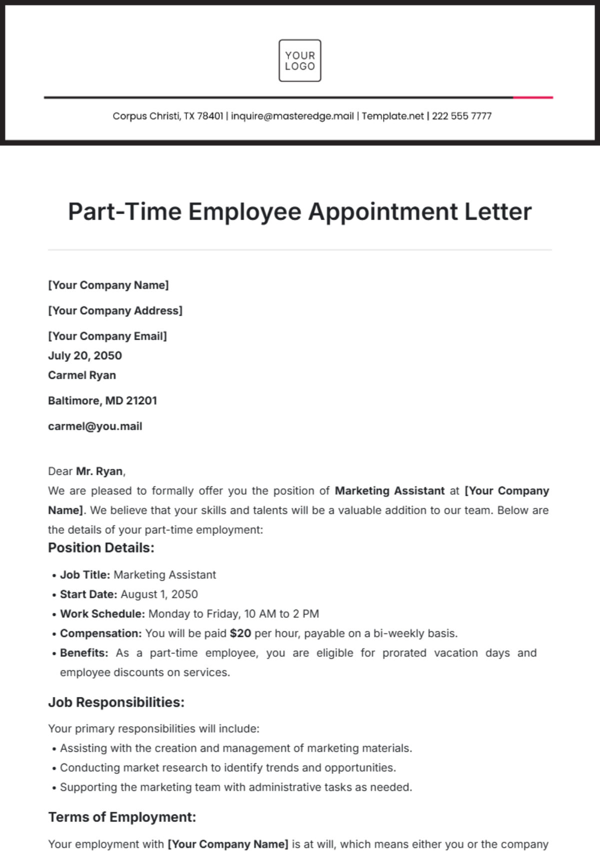 Part-Time Employee Appointment Letter Template - Edit Online & Download