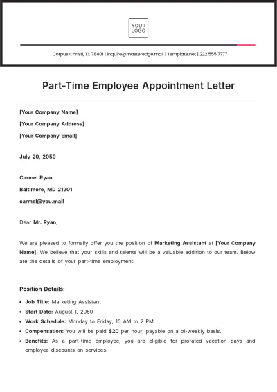 Free Part-Time Employee Appointment Letter Template to Edit Online