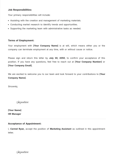 Free Part-Time Employee Appointment Letter Template to Edit Online