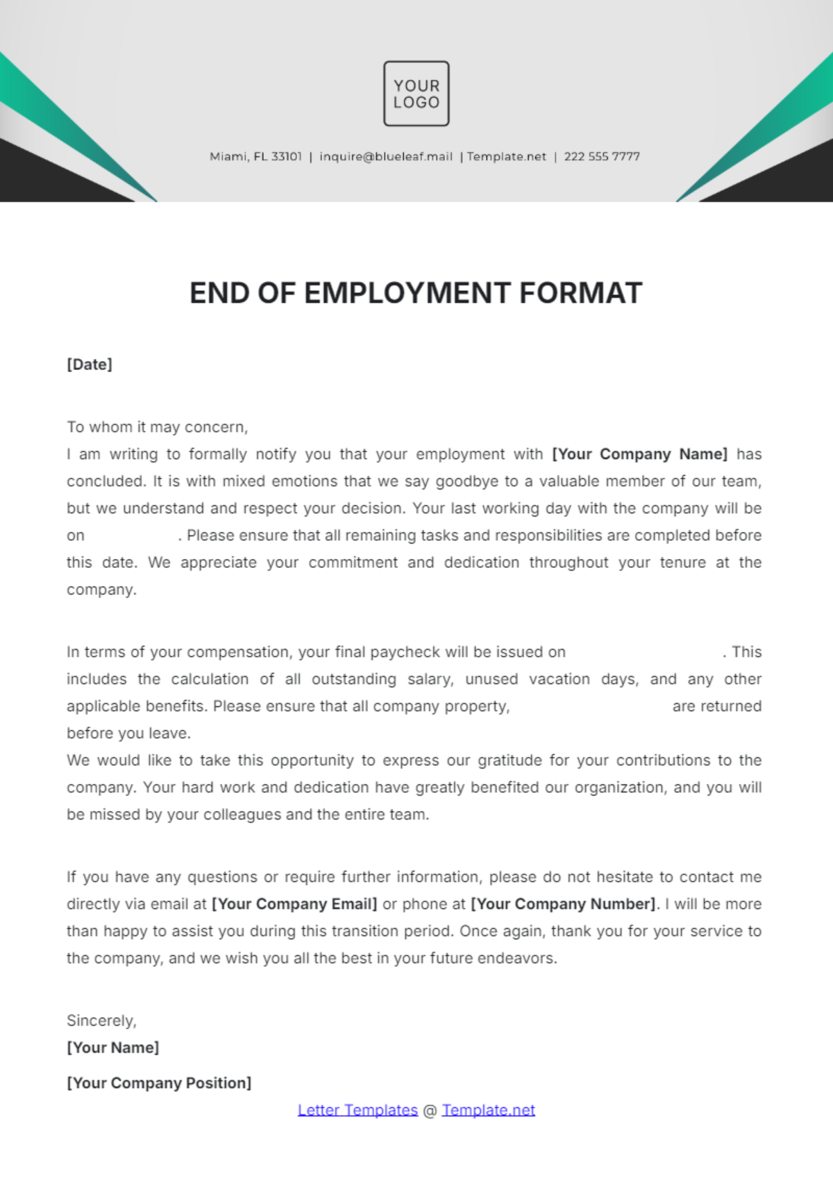 End of Employment Letter Format Template - Edit Online & Download