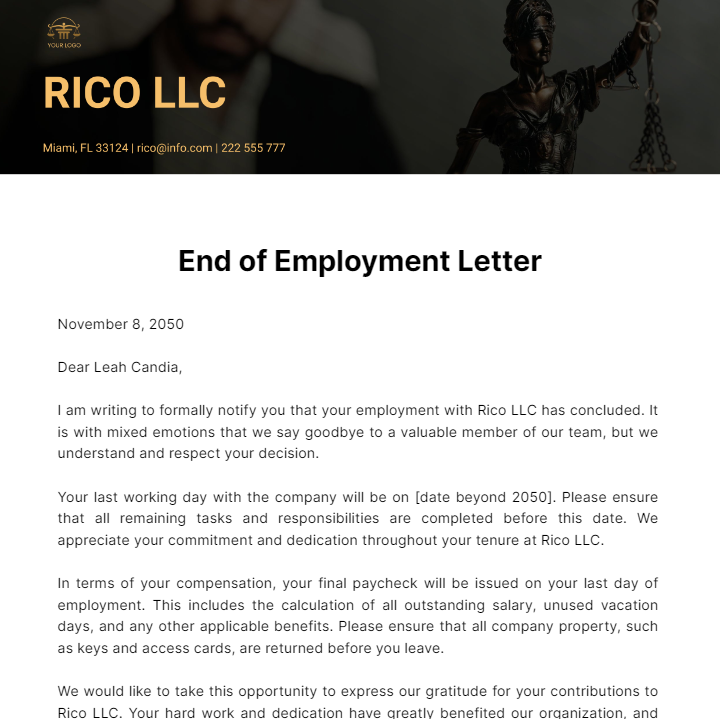 End of Employment Letter  Template
