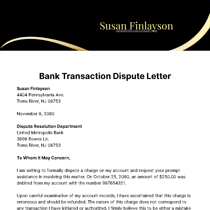 Bank Transaction Dispute Letter Template