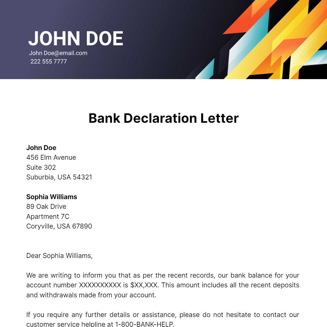 Bank Declaration Letter Template