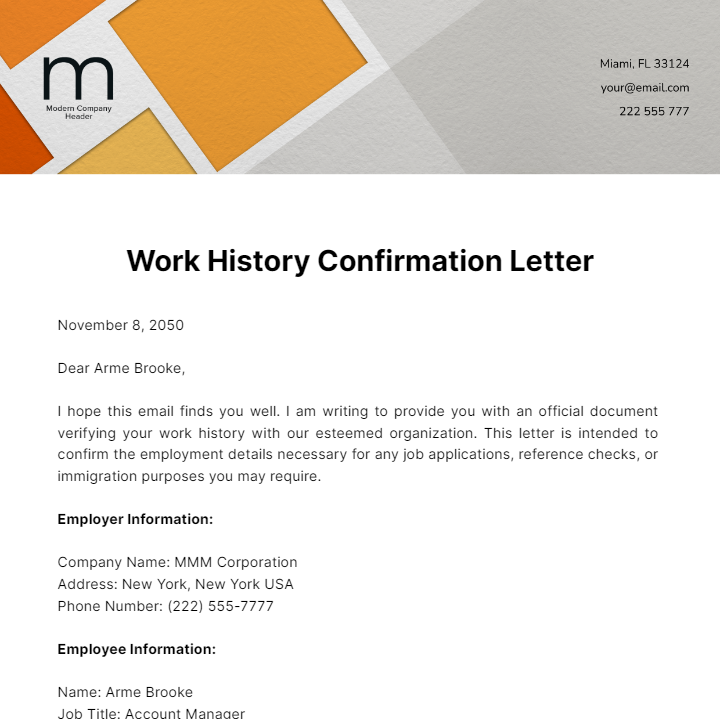 Work History Confirmation Letter  Template