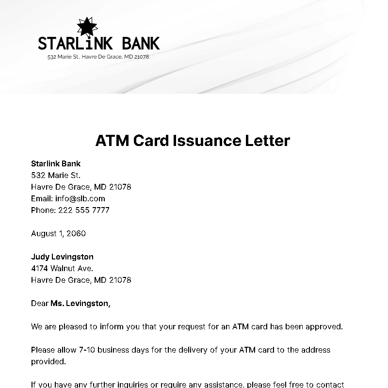 ATM Card Issuance Letter Template