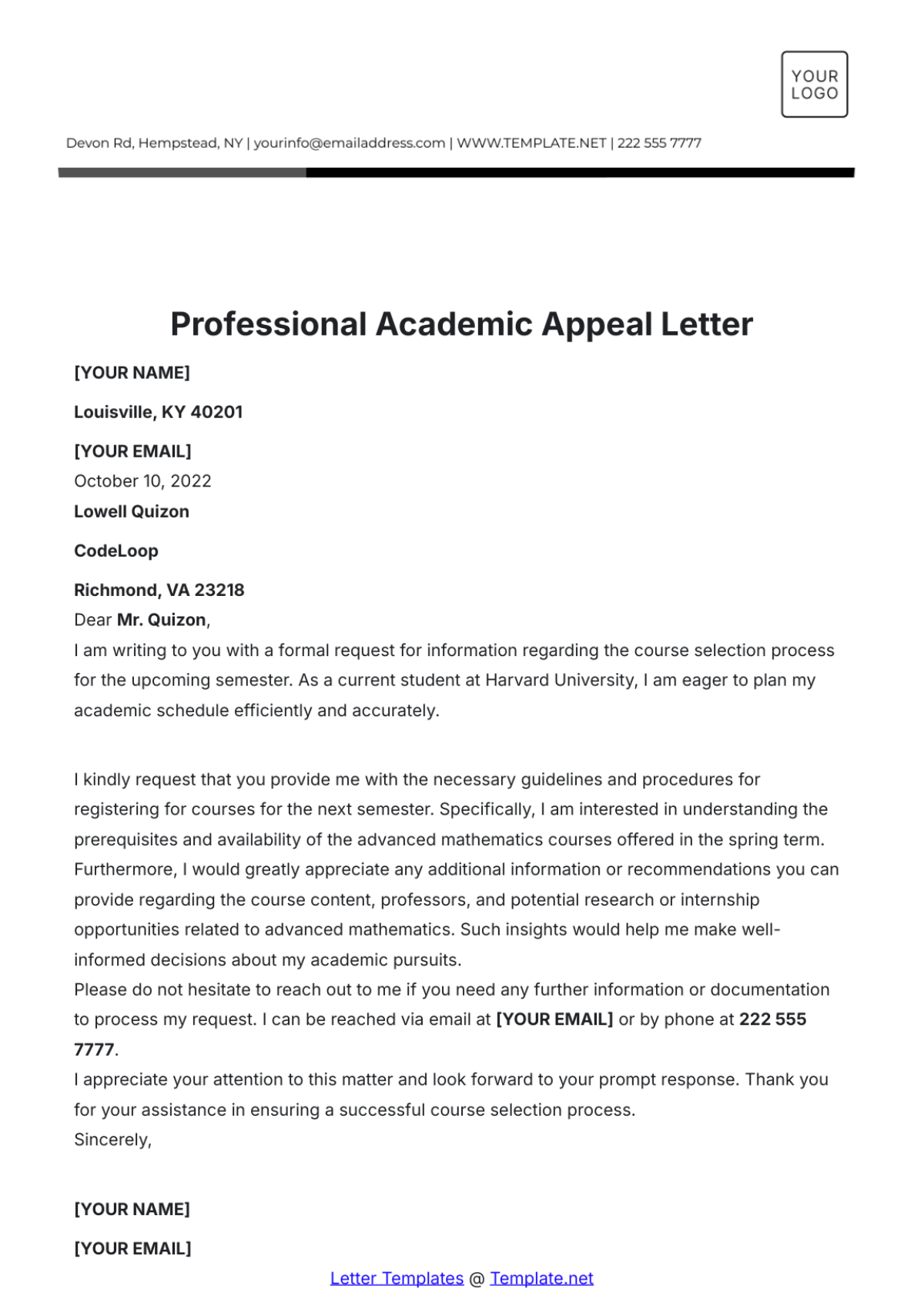 Academic Appeal Letter Template - Edit Online & Download