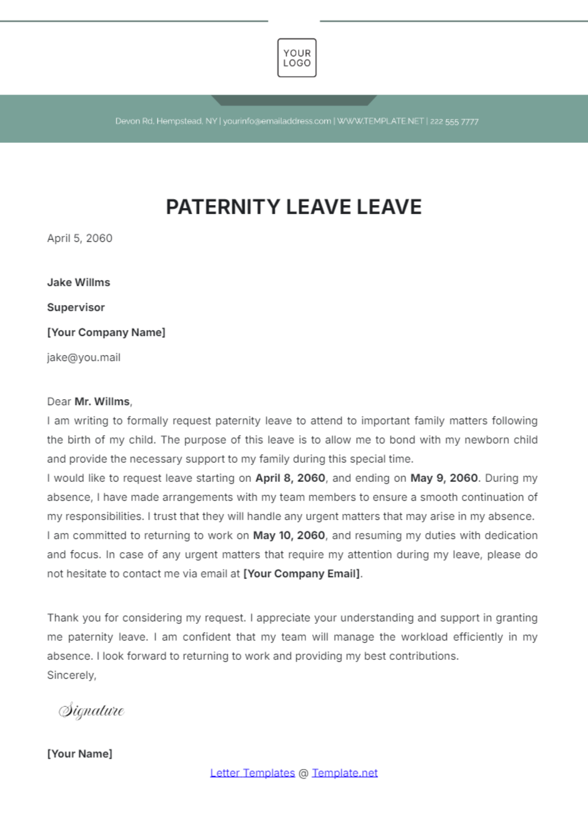 Paternity Leave Letter Template