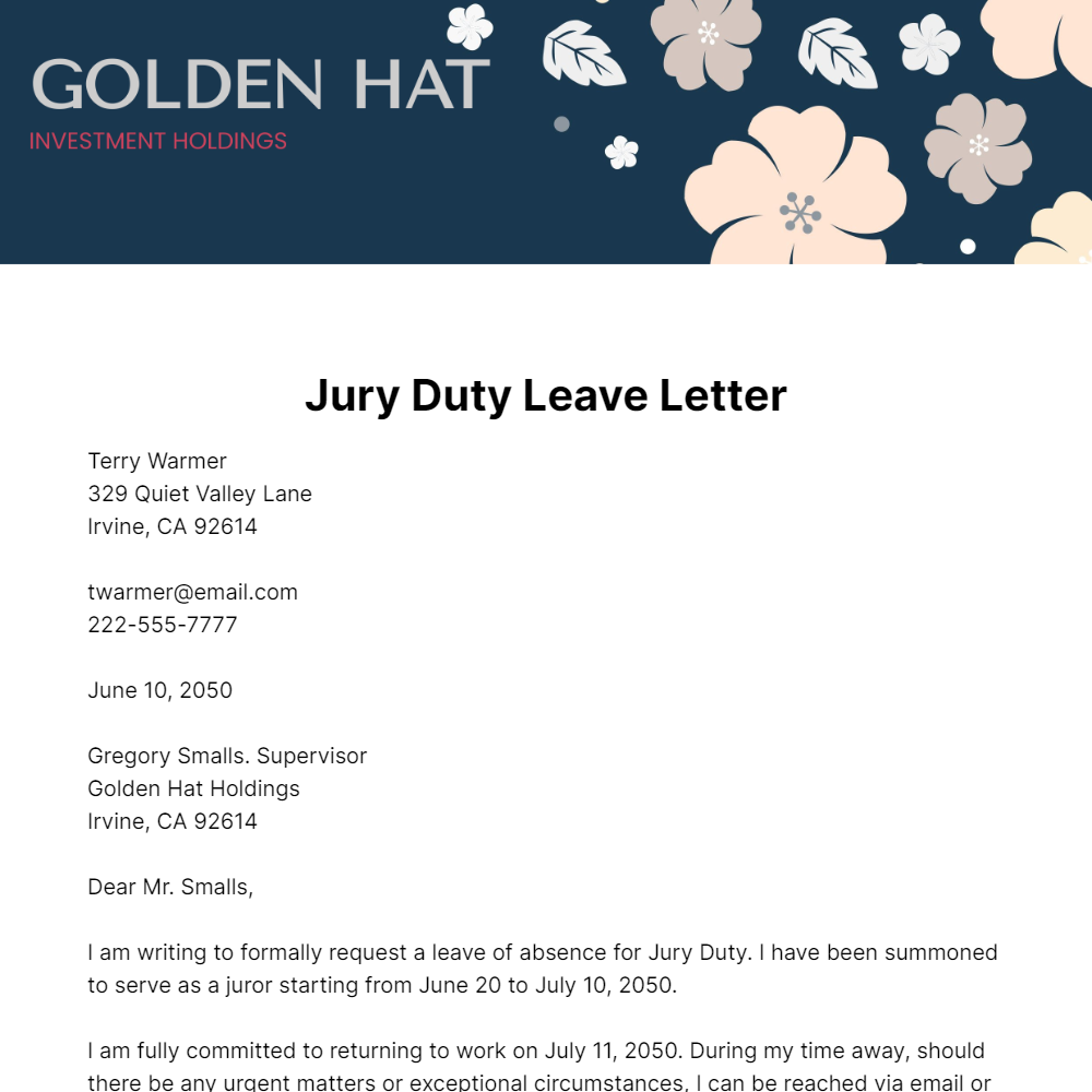 Jury Duty Leave Letter Template
