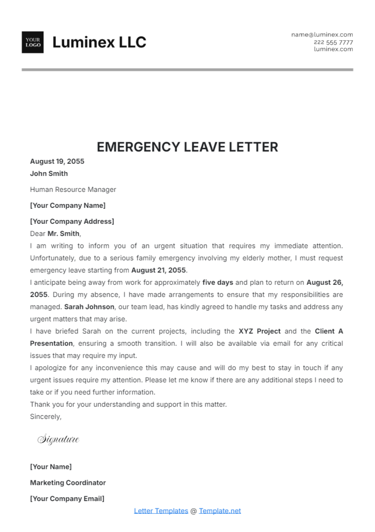 Family Emergency Leave Letter Template