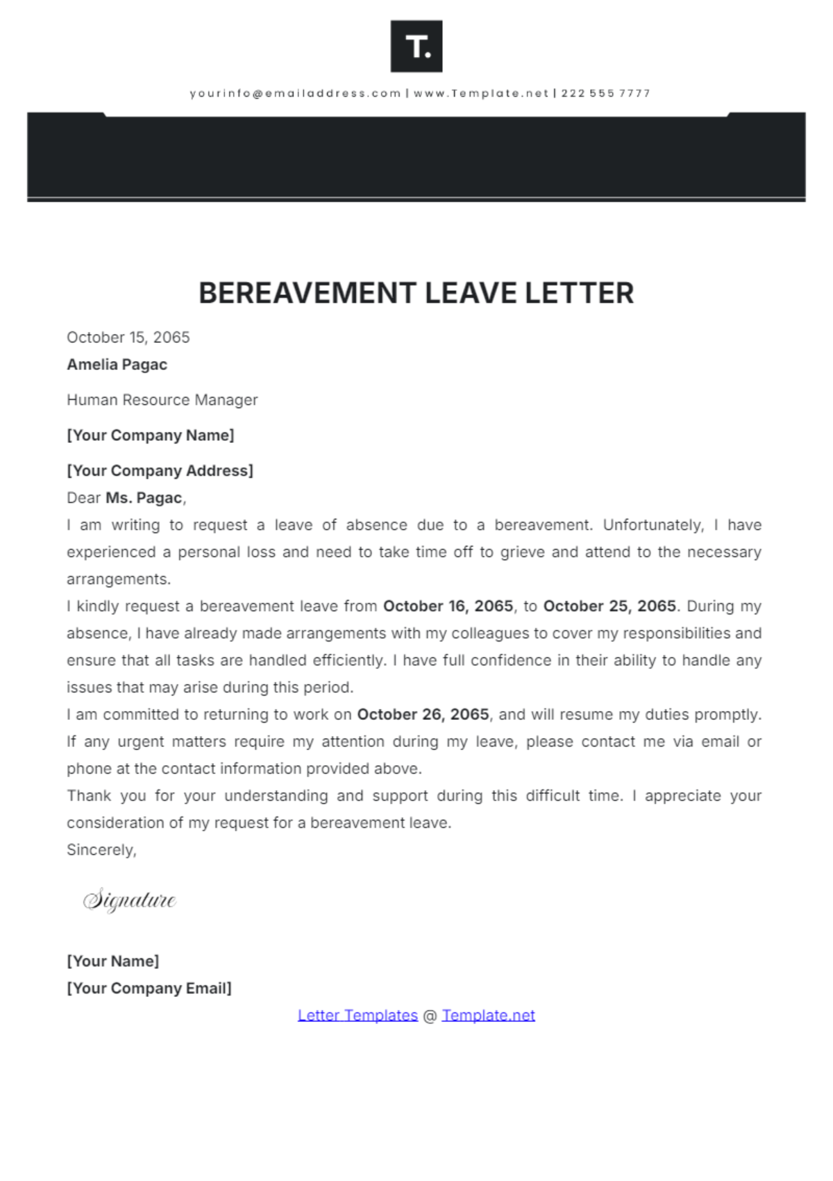 Bereavement Leave Letter Template - Edit Online & Download