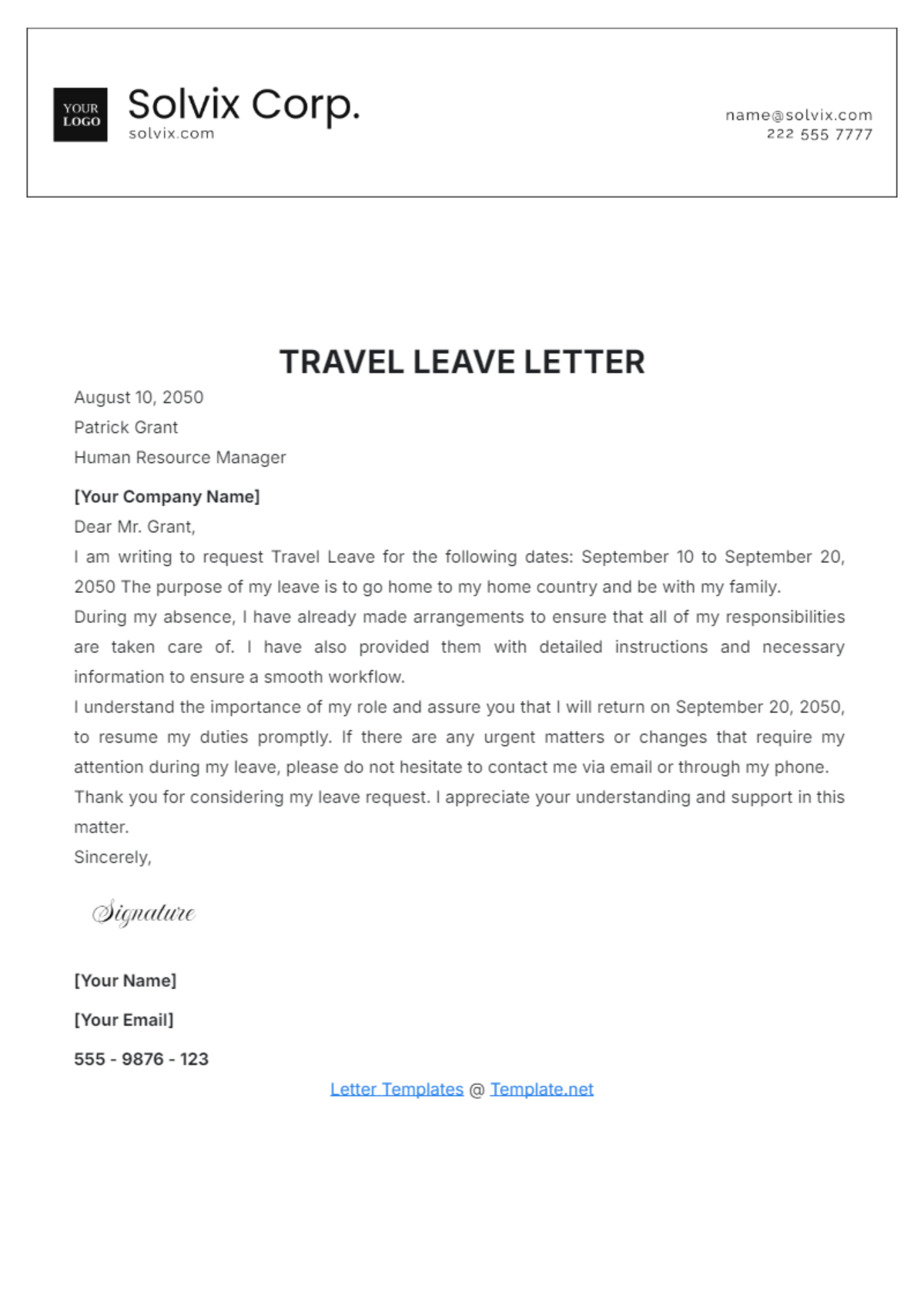 Travel Leave Letter Template - Edit Online & Download