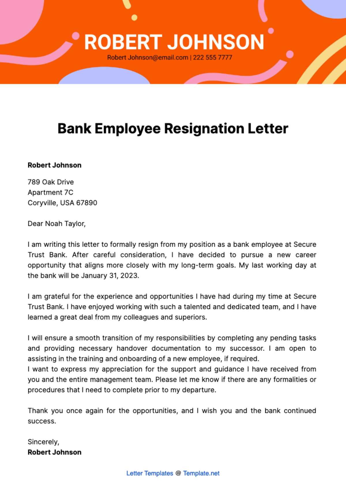 Free Bank Employee Resignation Letter Template