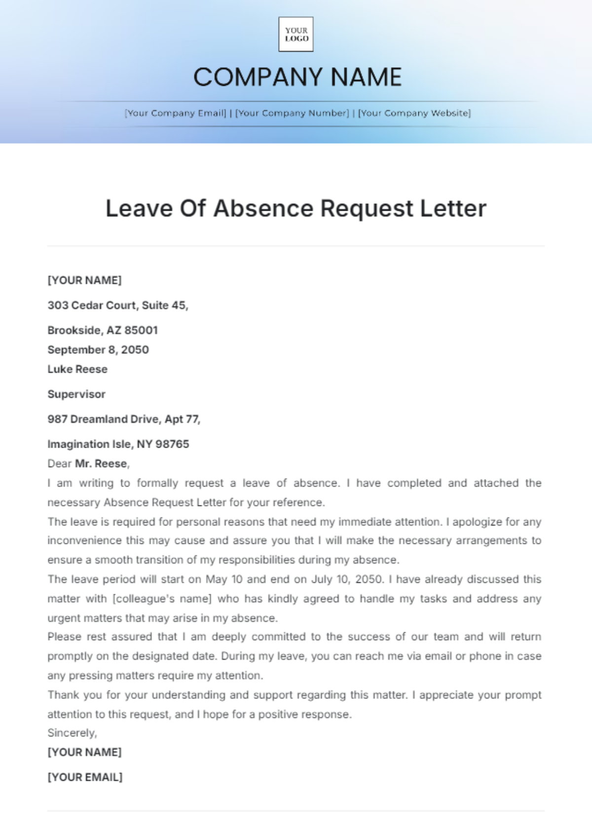 Leave of Absence Request Letter Template - Edit Online & Download