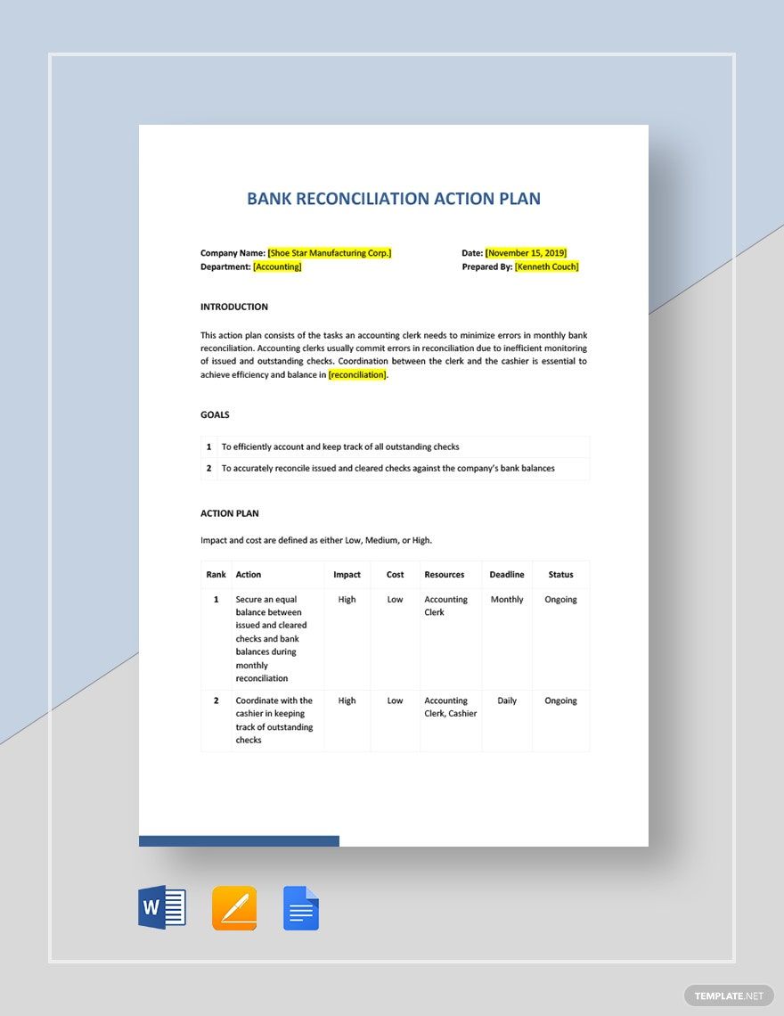 Reconciliation (Accounting) Action Plan Template