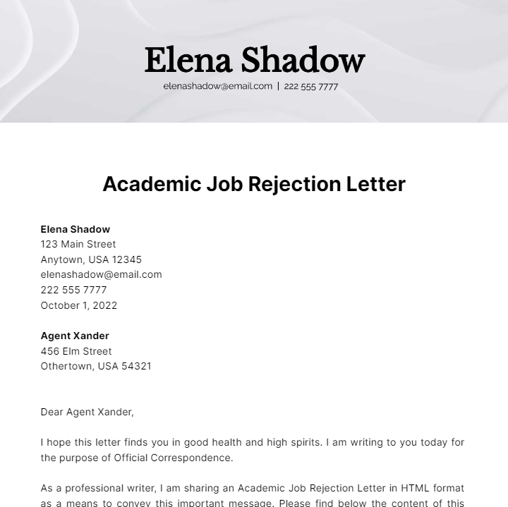 Academic Job Rejection Letter Template