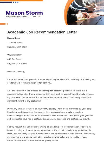 Free Academic Job Recommendation Letter Template to Edit Online