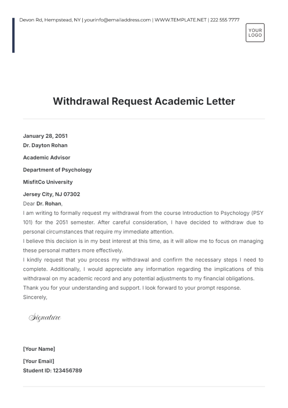 Withdrawal Request Academic Letter Template - Edit Online & Download