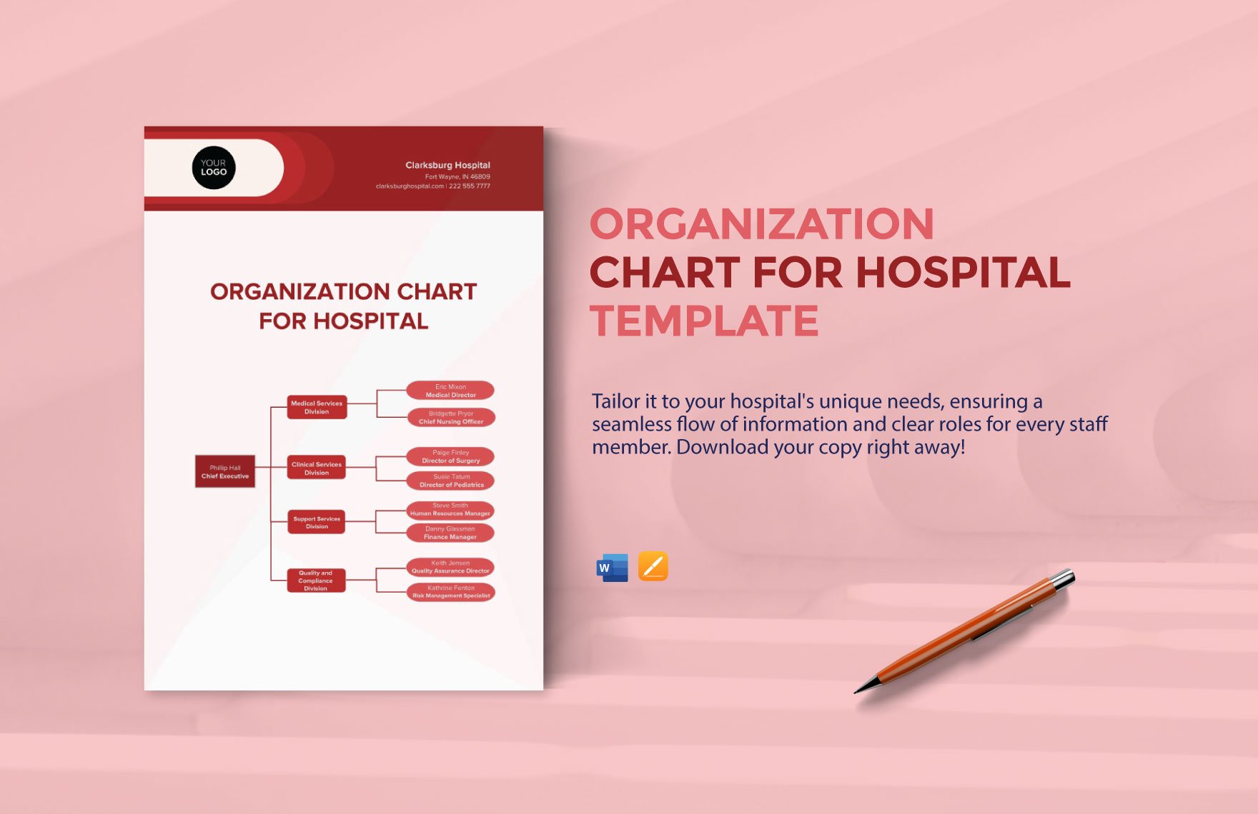 Free Organization Chart for Hospital Template in Word, Apple Pages