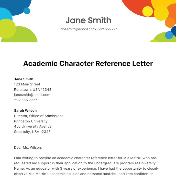 Academic Character Reference Letter Template