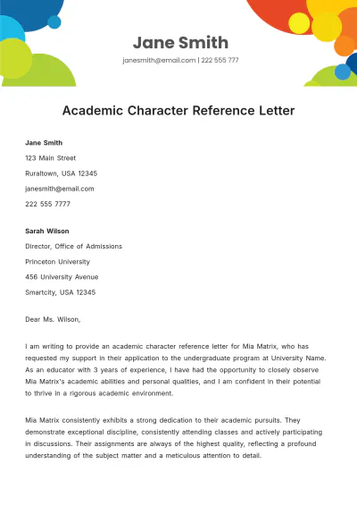 Free Academic Character Reference Letter Template to Edit Online