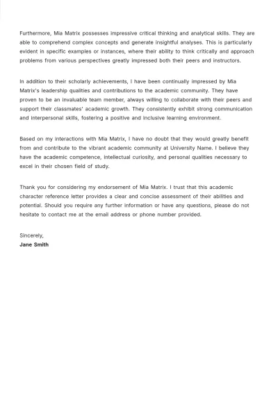 Free Academic Character Reference Letter Template to Edit Online