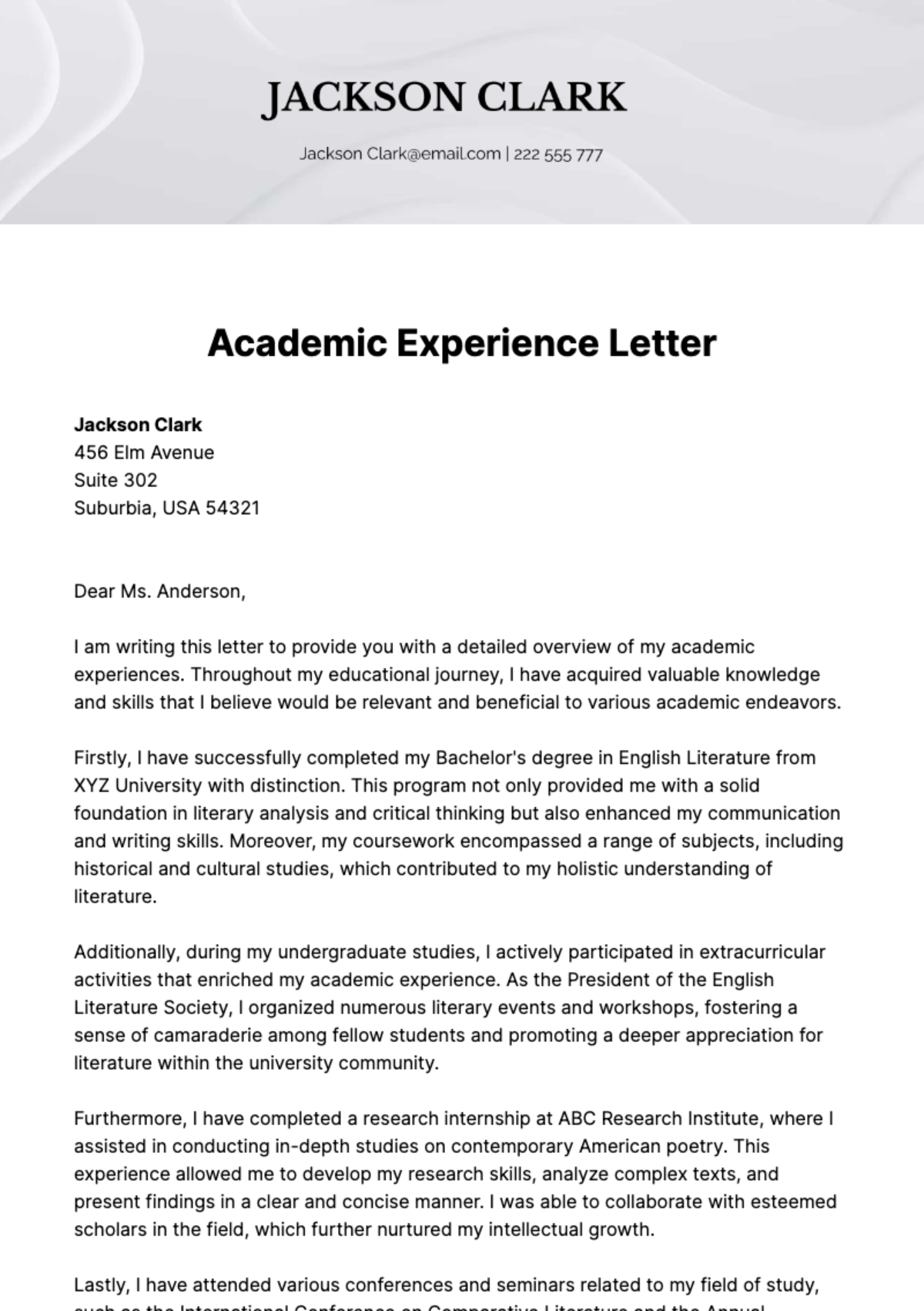 Free Academic Experience Letter Template