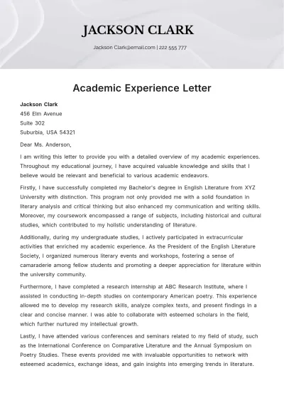 Free Academic Experience Letter Template to Edit Online