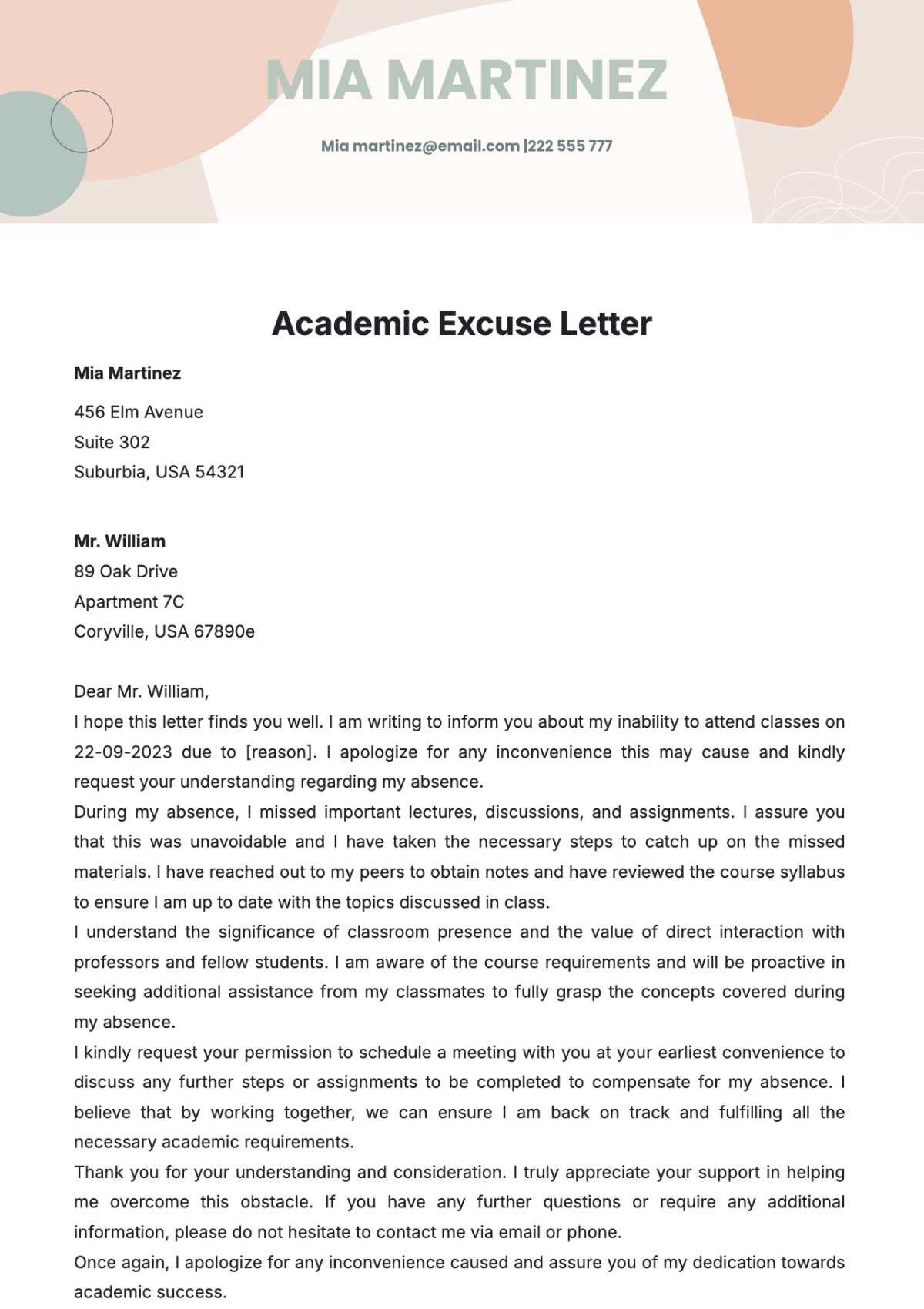 Academic Excuse Letter Template - Edit Online & Download