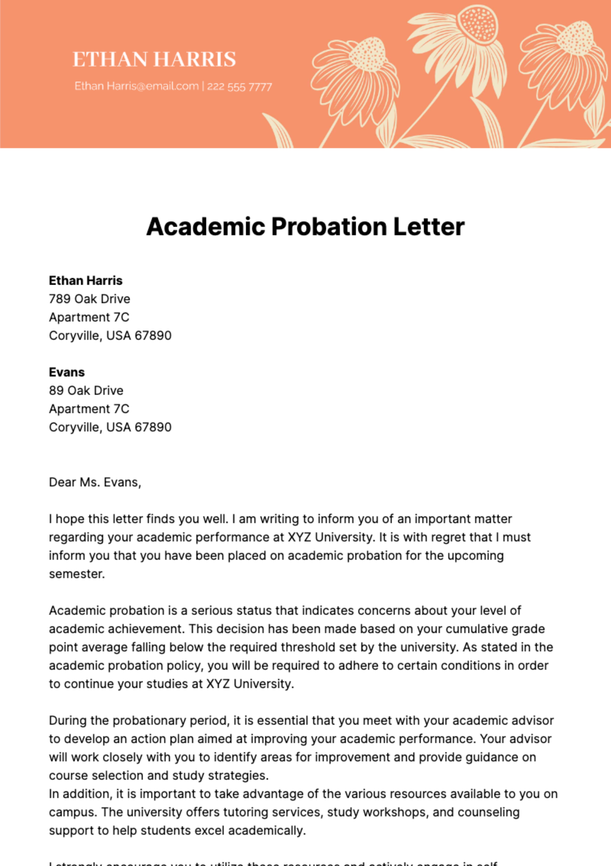 Academic Probation Letter Template