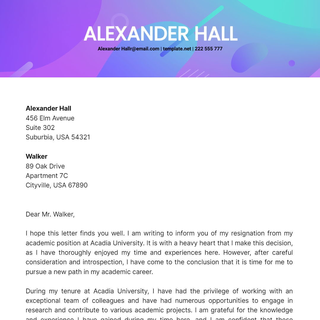 Academic Resignation Letter Template - Edit Online & Download