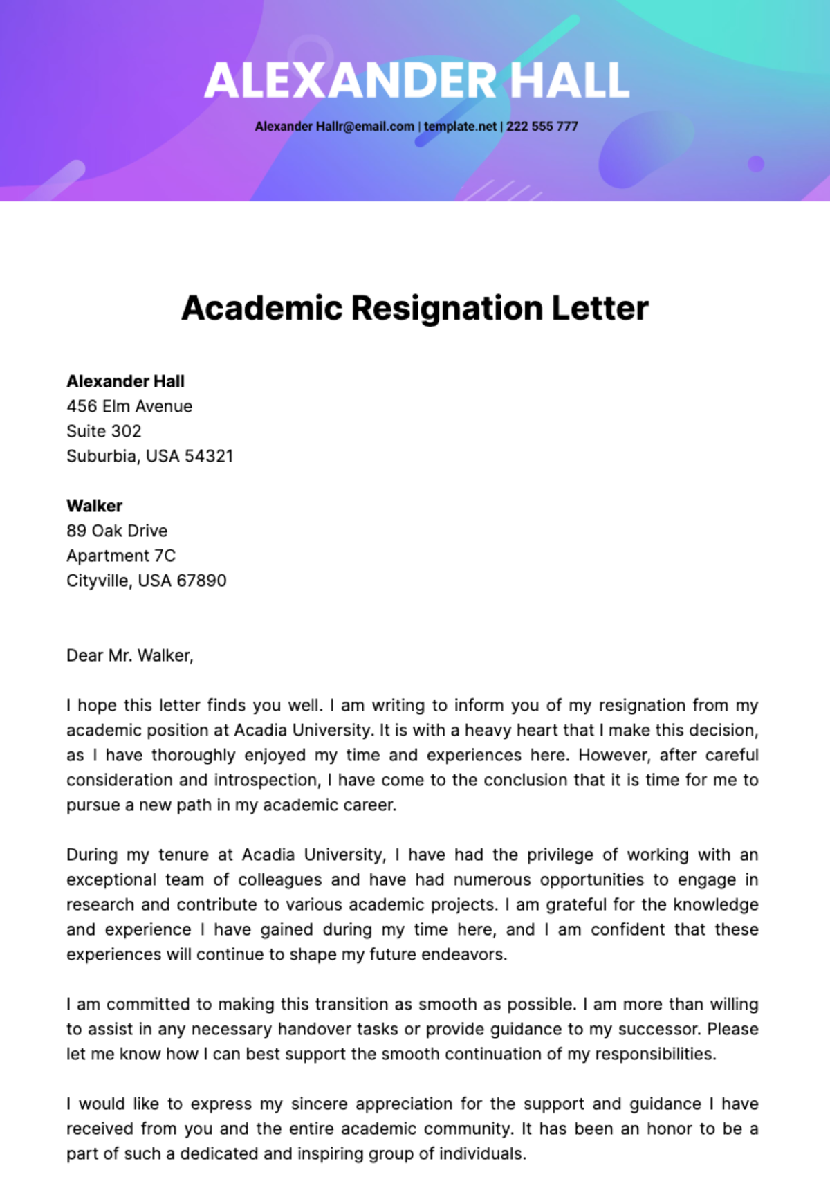 Academic Resignation Letter Template