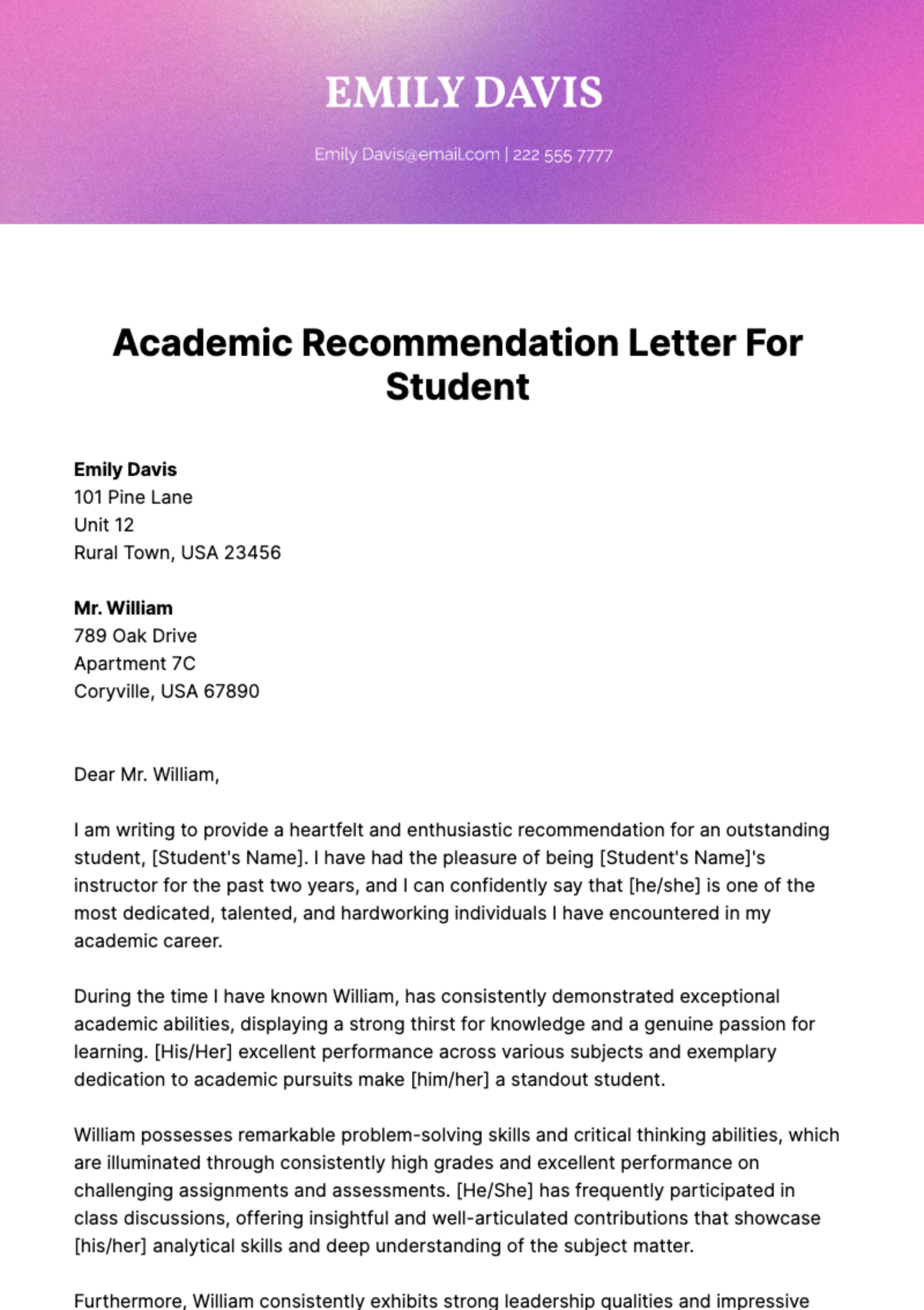 Free Academic Recommendation Letter For Student Template