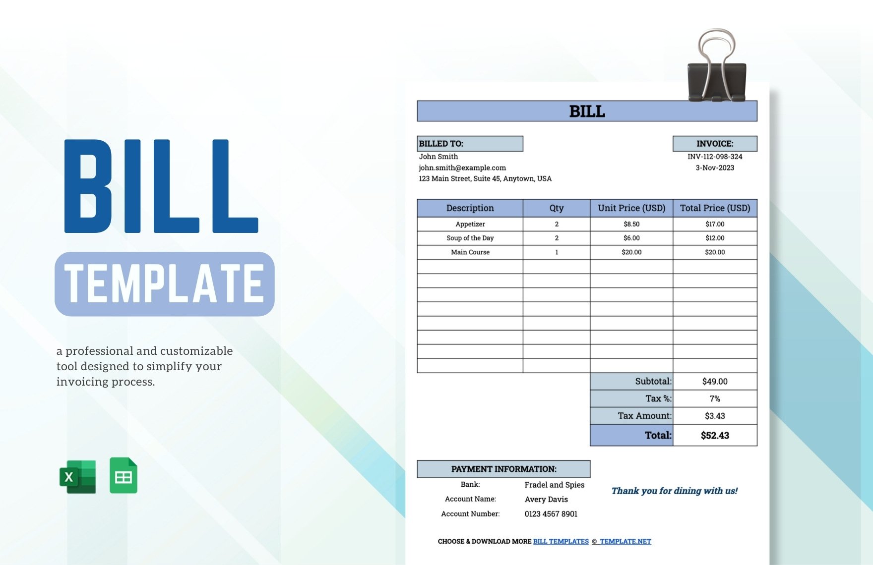 Free Bill Template in Excel, Google Sheets