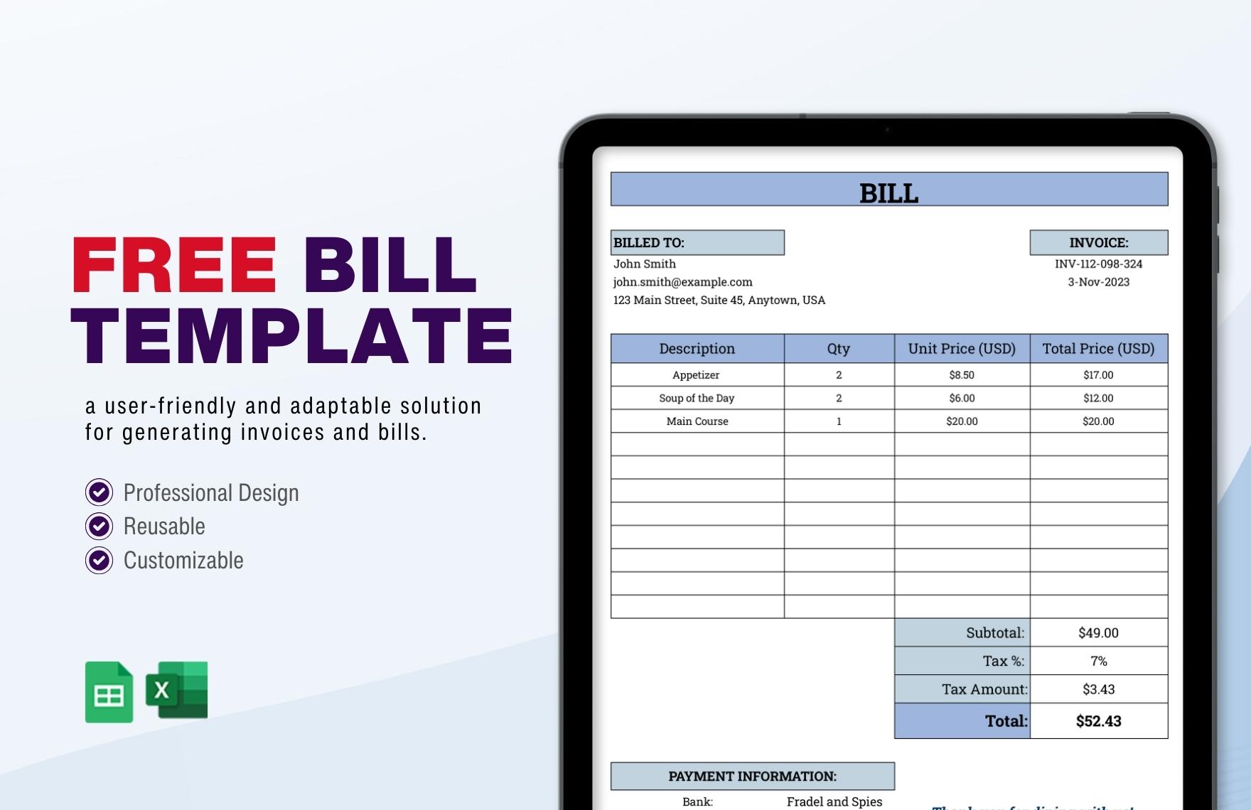 FREE Bill Sheet Template - Download in Excel, Google Sheets