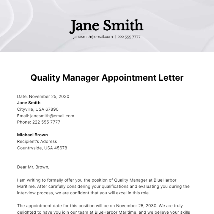 Quality Manager Appointment Letter Template