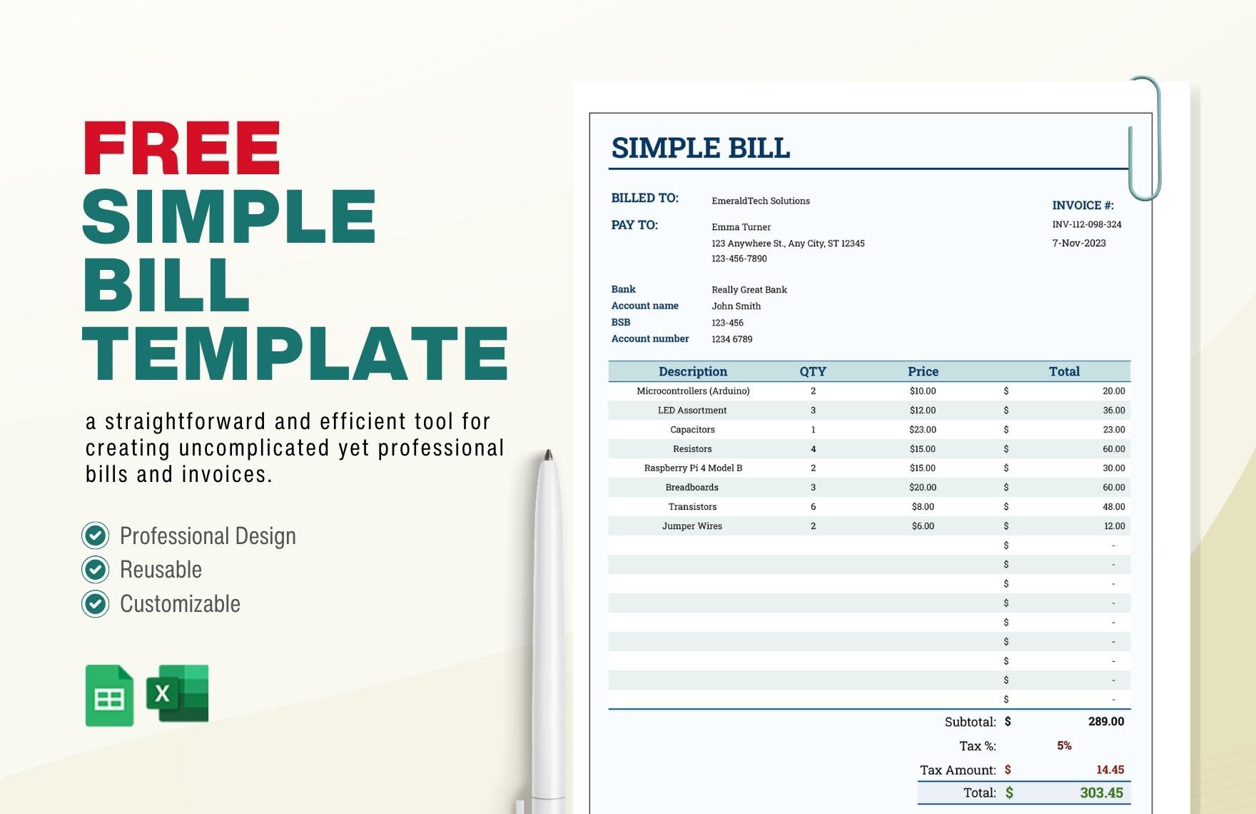 Free Simple Bill Template - Download in Excel, Google Sheets | Template.net