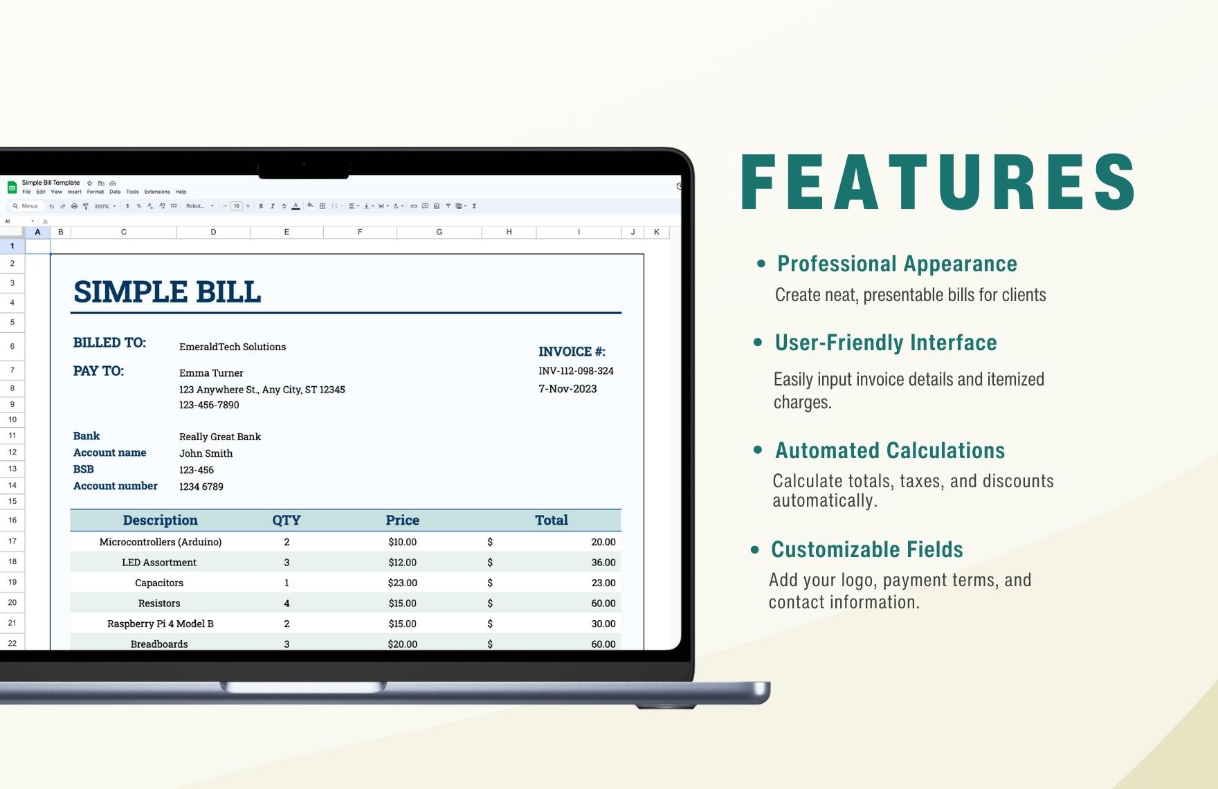 Free Simple Bill Template - Download in Excel, Google Sheets | Template.net